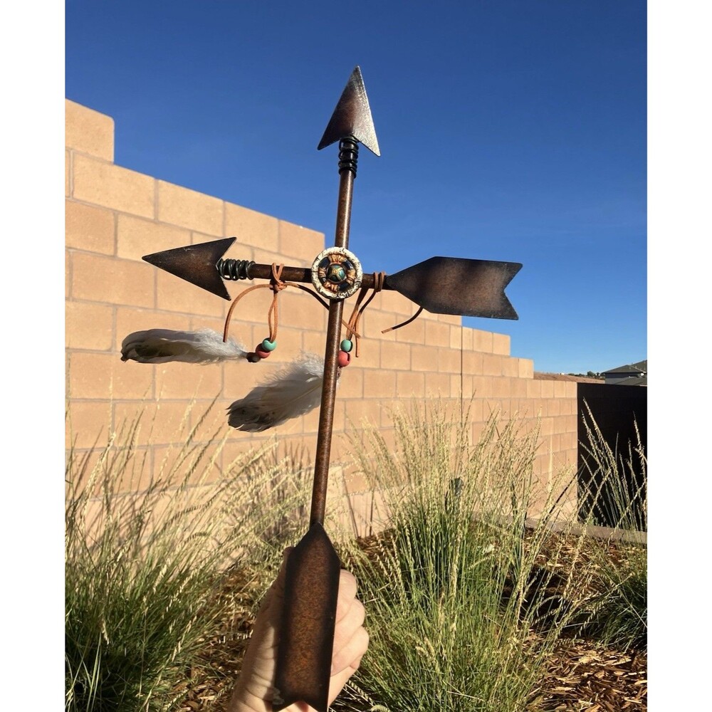 Southwestern Metal Arrow Cross Wall Decor Feathers Beads Rustic 18”x10”